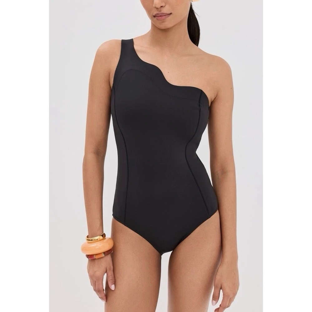 STAUD‎ Swimsuit One Piece NWT XL Starboard Black Neoprene One Shoulder Scalloped